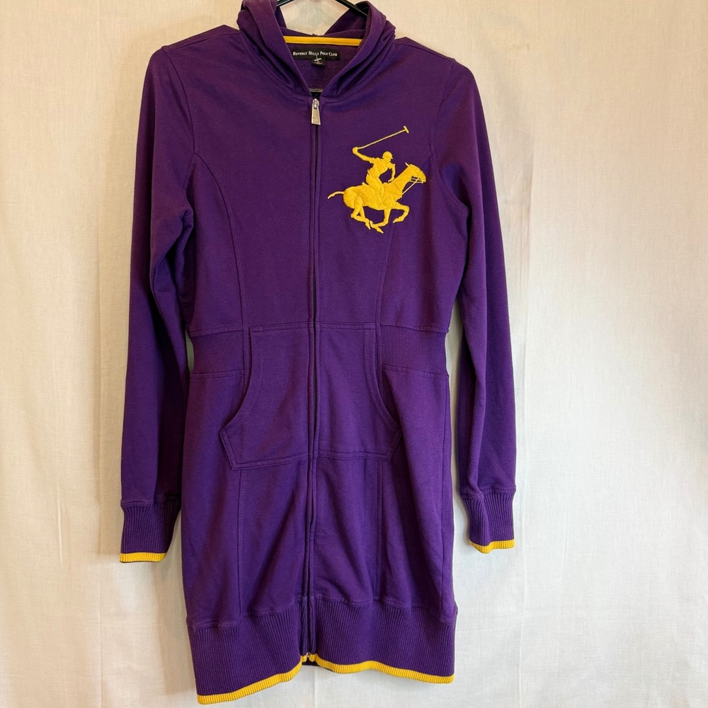 Beverly Hills Polo Club Longline Purple Zip Up Hoodie Dress Large  Y2k